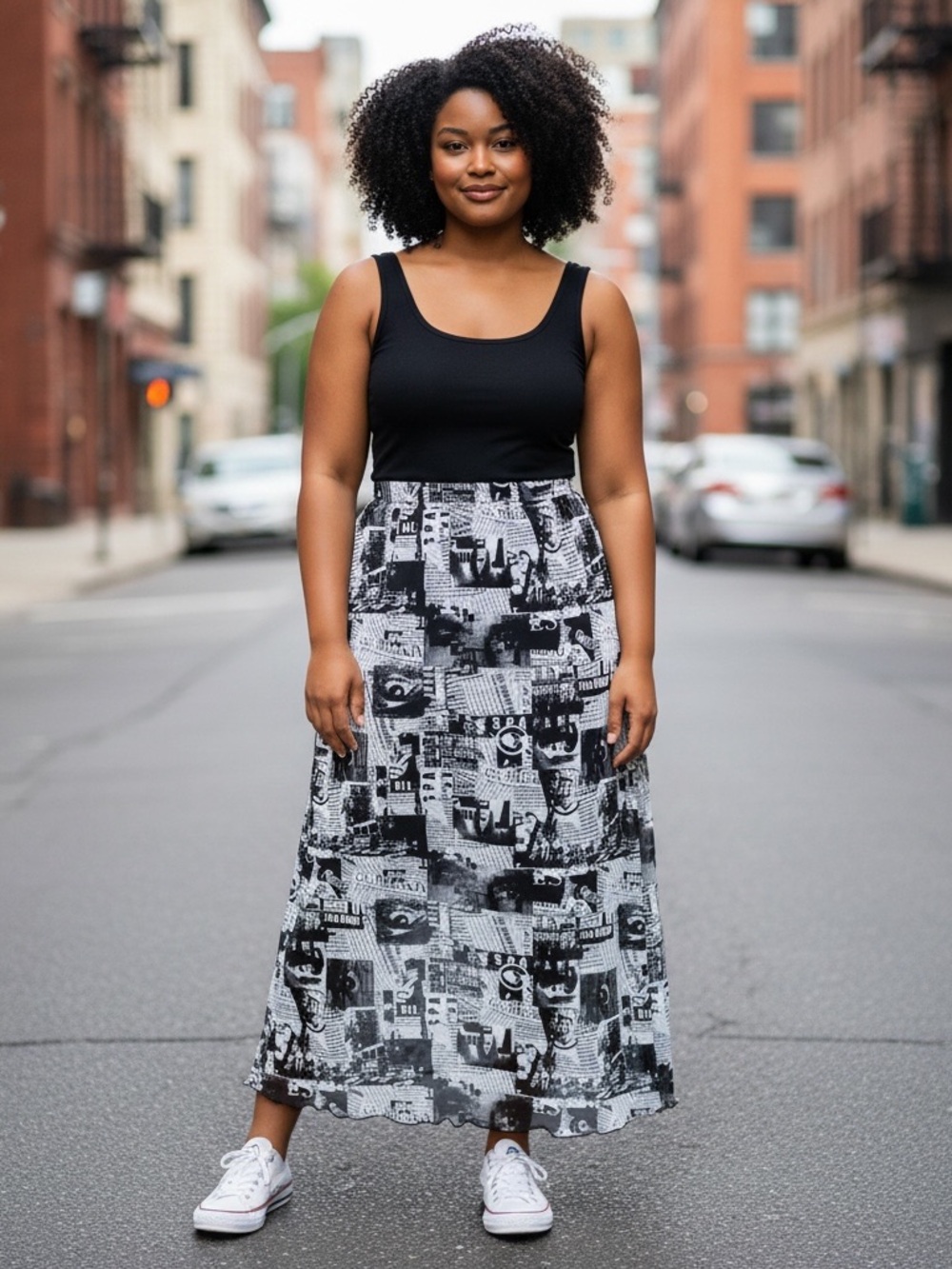 Comic Newspaper Print Pull On Midi Skirt Sz 1XL Black White Grunge Gothic Retro